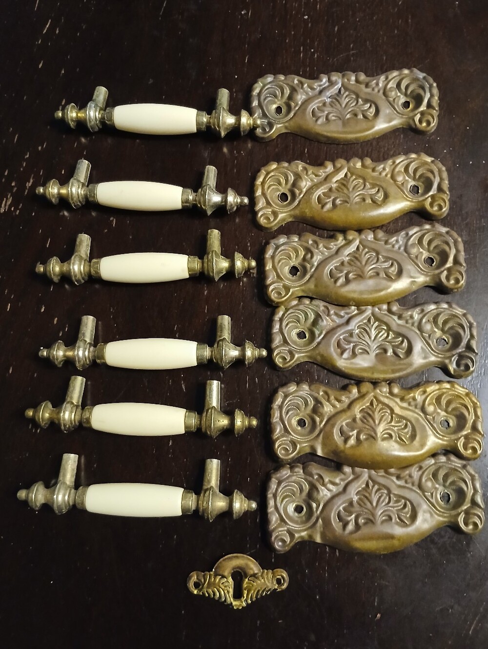 Vintage Ornate Brass Drawer Pulls with Ceramic Handles